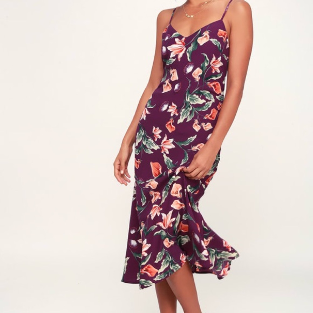 Purple Floral Print Midi Dress